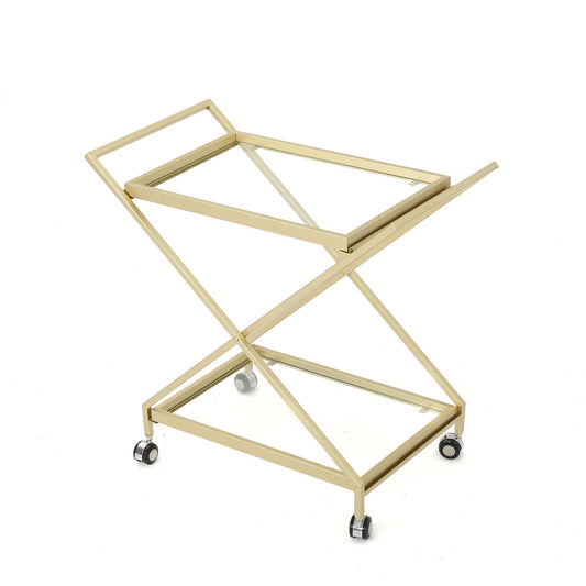 Sherianne - Industrial Bar Cart With Tempered Glass Shelves And Swivel Wheels - Gold