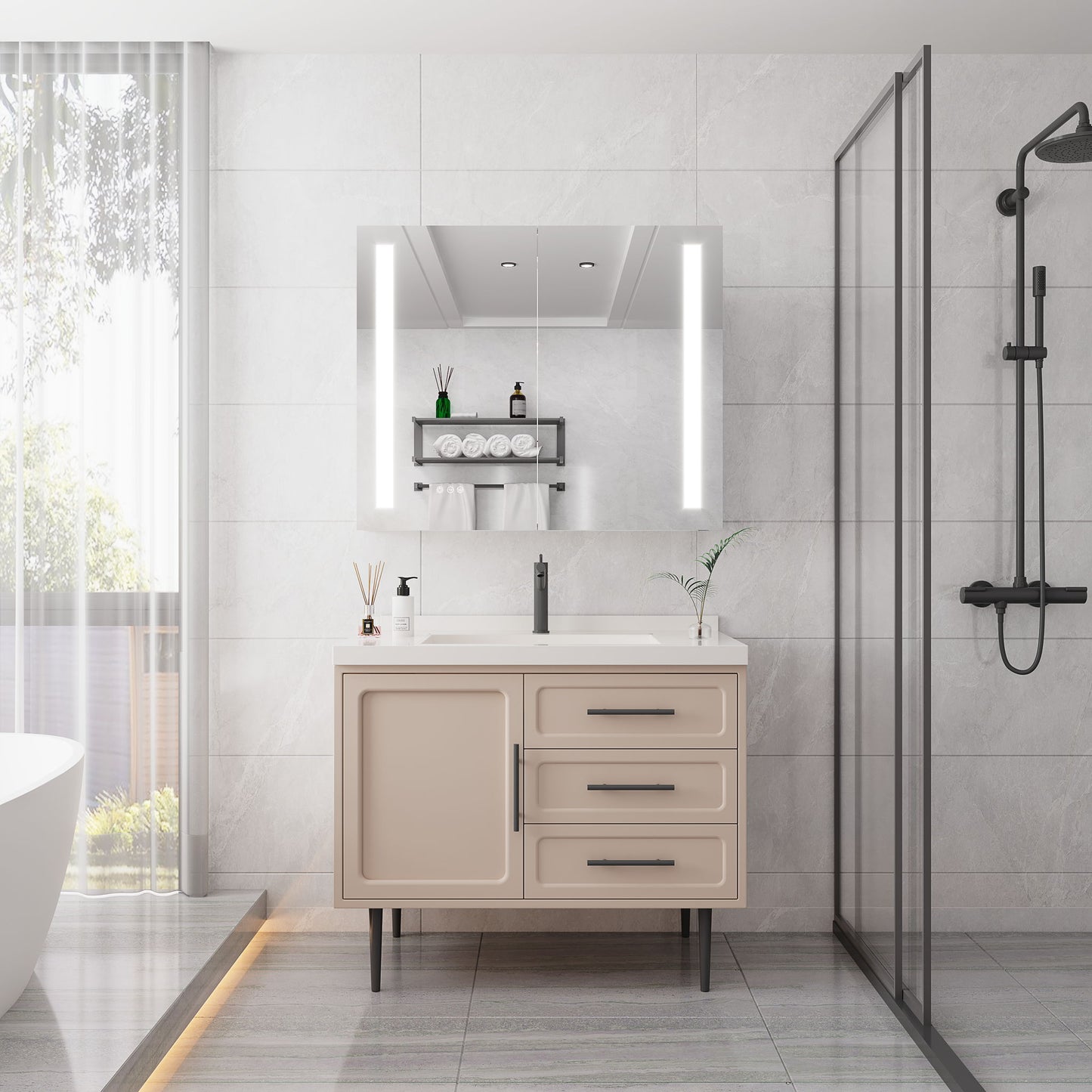 LED Medicine Cabinet With Mirror, Double Door With Defogger, Dimmer, Surface Mount