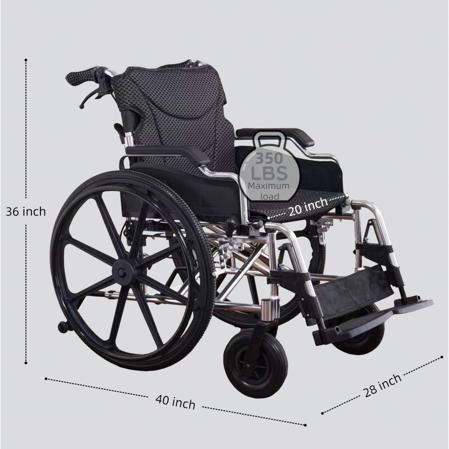 Heavy Duty Foldable Manual Wheelchair Double X Force Support With Adjustable Seat Belt Breathable Cushion & Anti Backflip Design 24" Tires For All Terrains 350 Lbs Capacity - Black / Silver