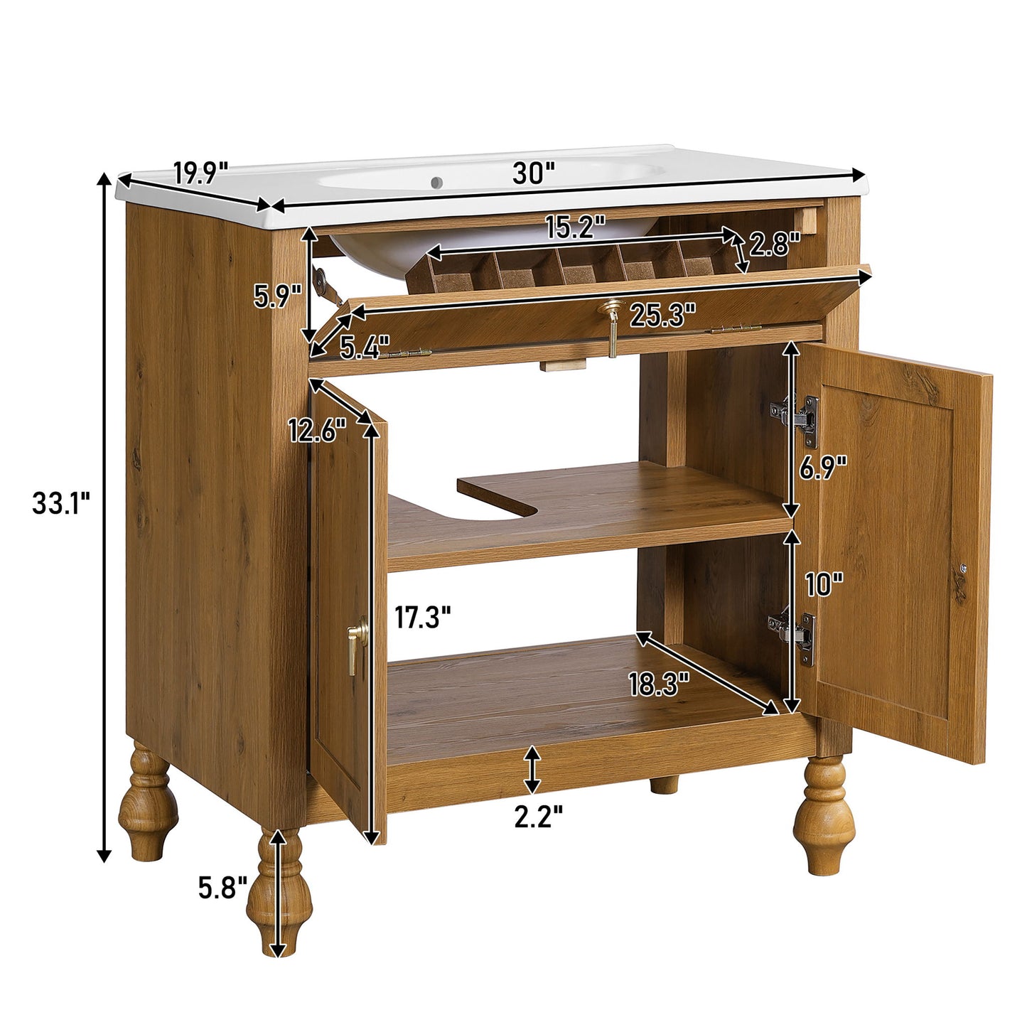 Bathroom Vanity With Seashell Resin Sink, Flip Up Storage, Soft Close Doors - Brown