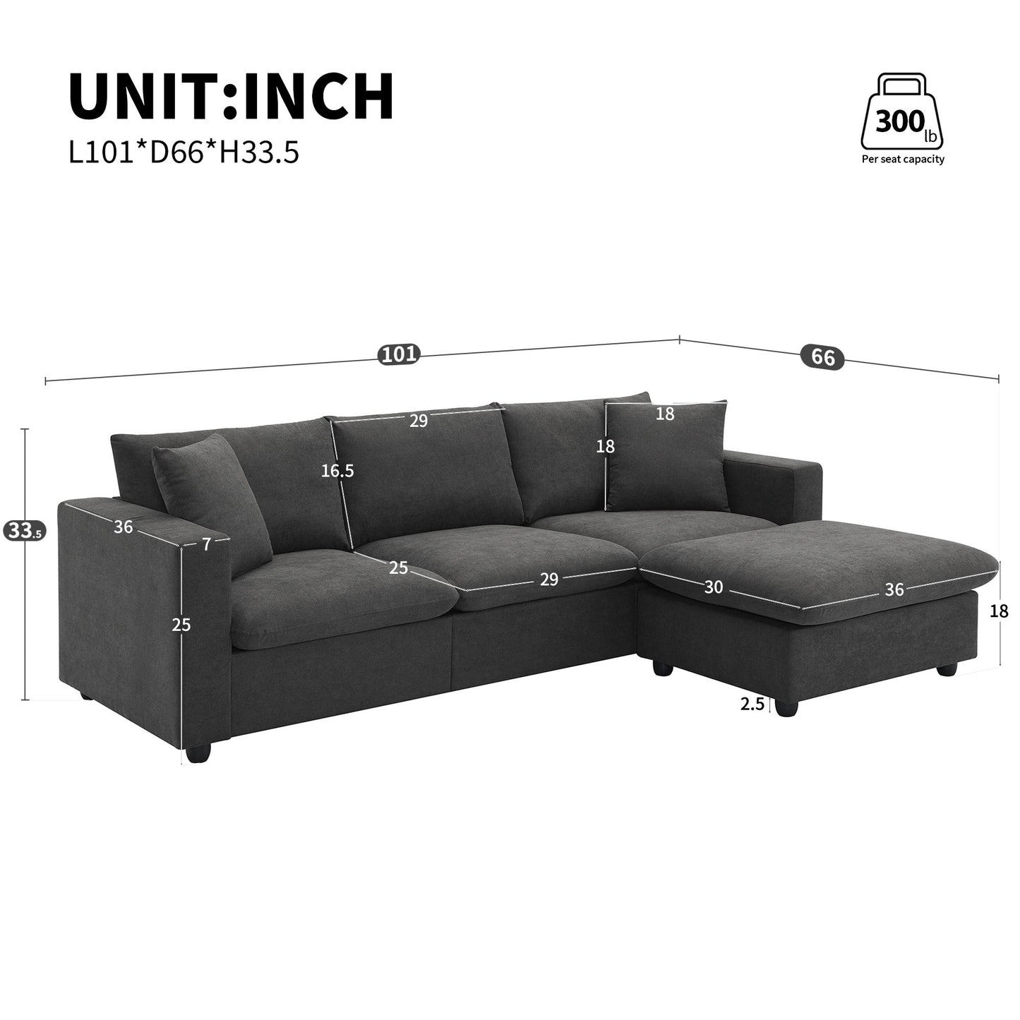 Modern Sectional Sofa, L-Shaped Couch Set With 2 Free Pillows, 4-Seat Fabric Couch Set With Convertible Ottoman For Living Room, Apartment, Office