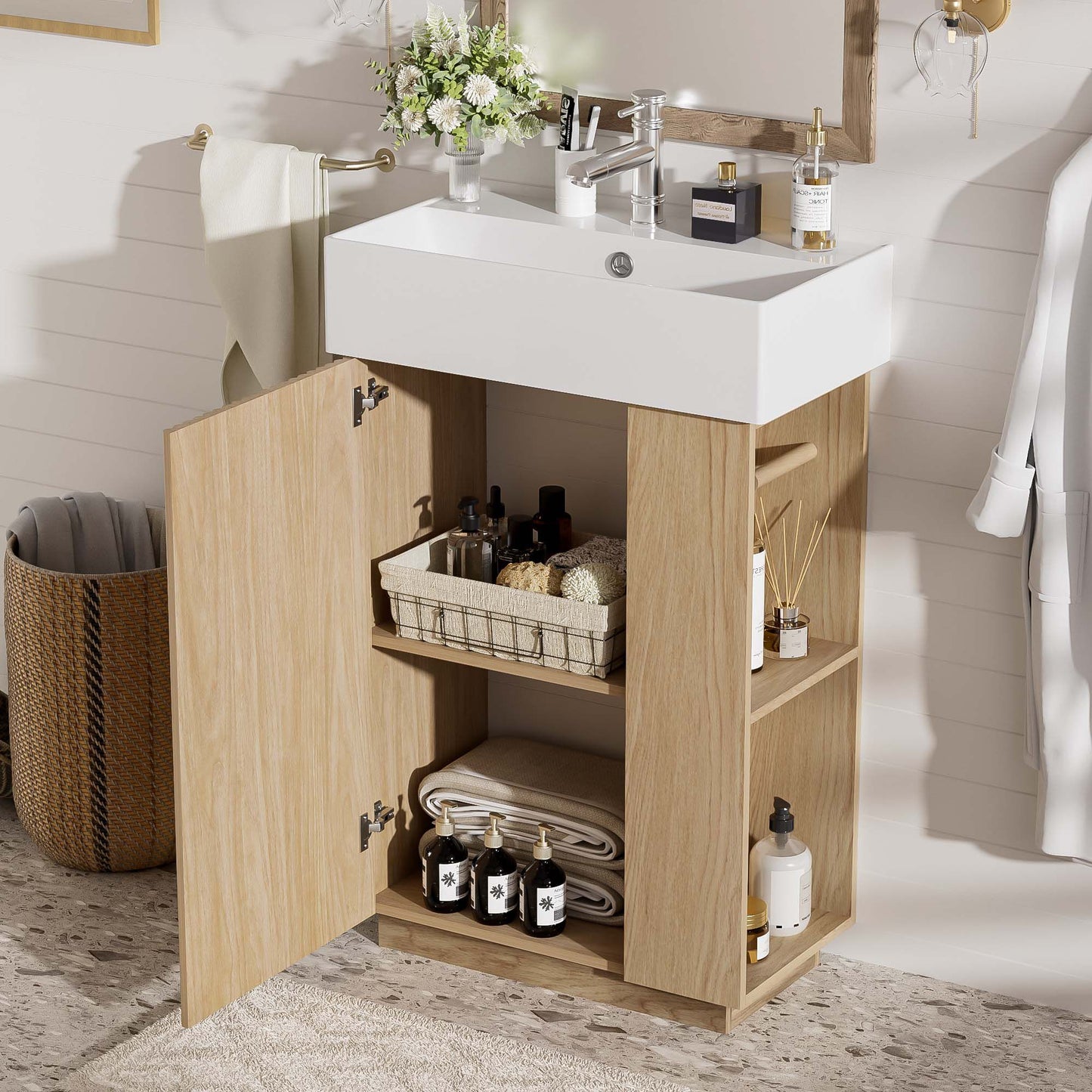 21.6" Bathroom Vanity With Sink And Freestanding Wood Grain Cabinet Featuring Left Door - Wood