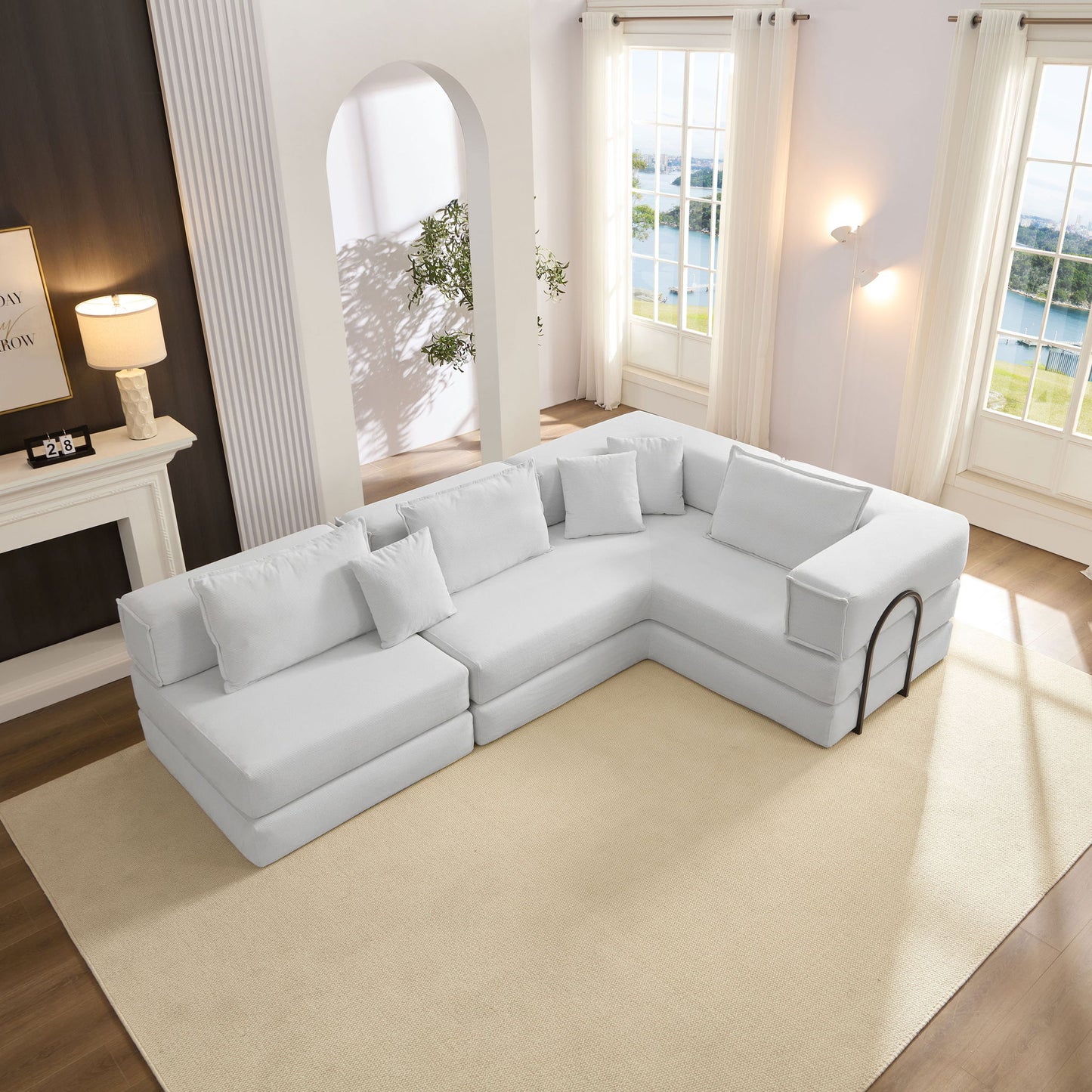 Modular L Shaped Floor Living Room Sofa Set With 6 Pillows