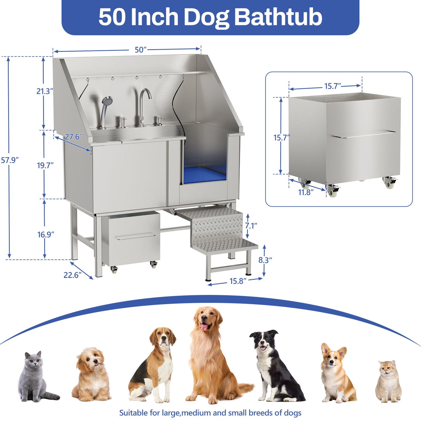 Stainless Steel Dog Washing Station With Seamless Design And Accessories - Silver