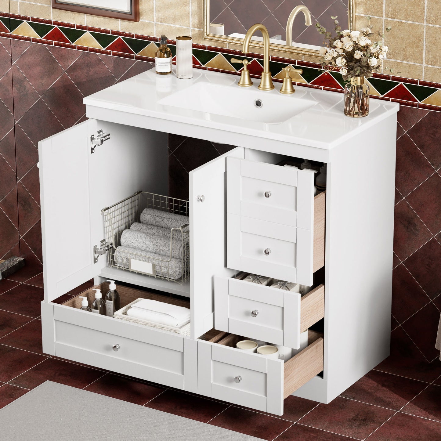 Shaker Free Standing Bathroom Vanity Cabinet With Sink, Soft Close Drawers And Doors - White
