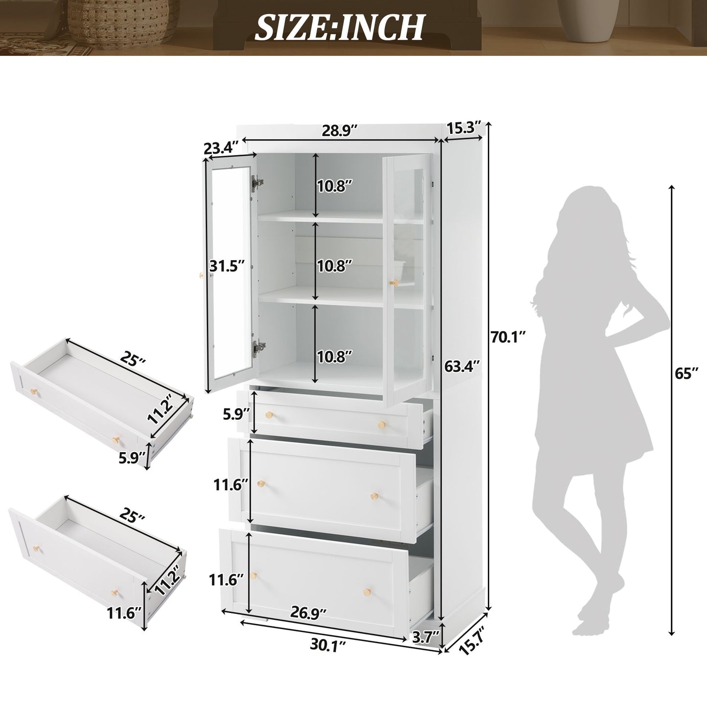 Freestanding Tall Bathroom Cabinet With 2 Adjustable Shelves, 3 Drawers, Soft Close Glass Doors - White