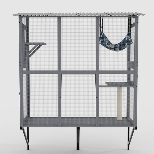Large Walk In Outdoor Catio For Cats With Roof And 3 Access Doors - Gray