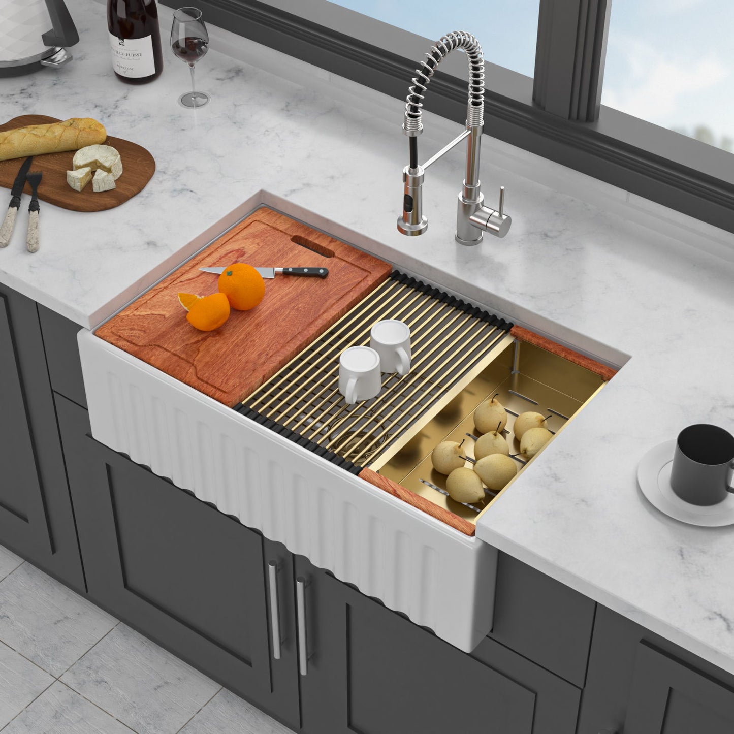 Workstation, Single Bowl Apron Front Kitchen Sink - White