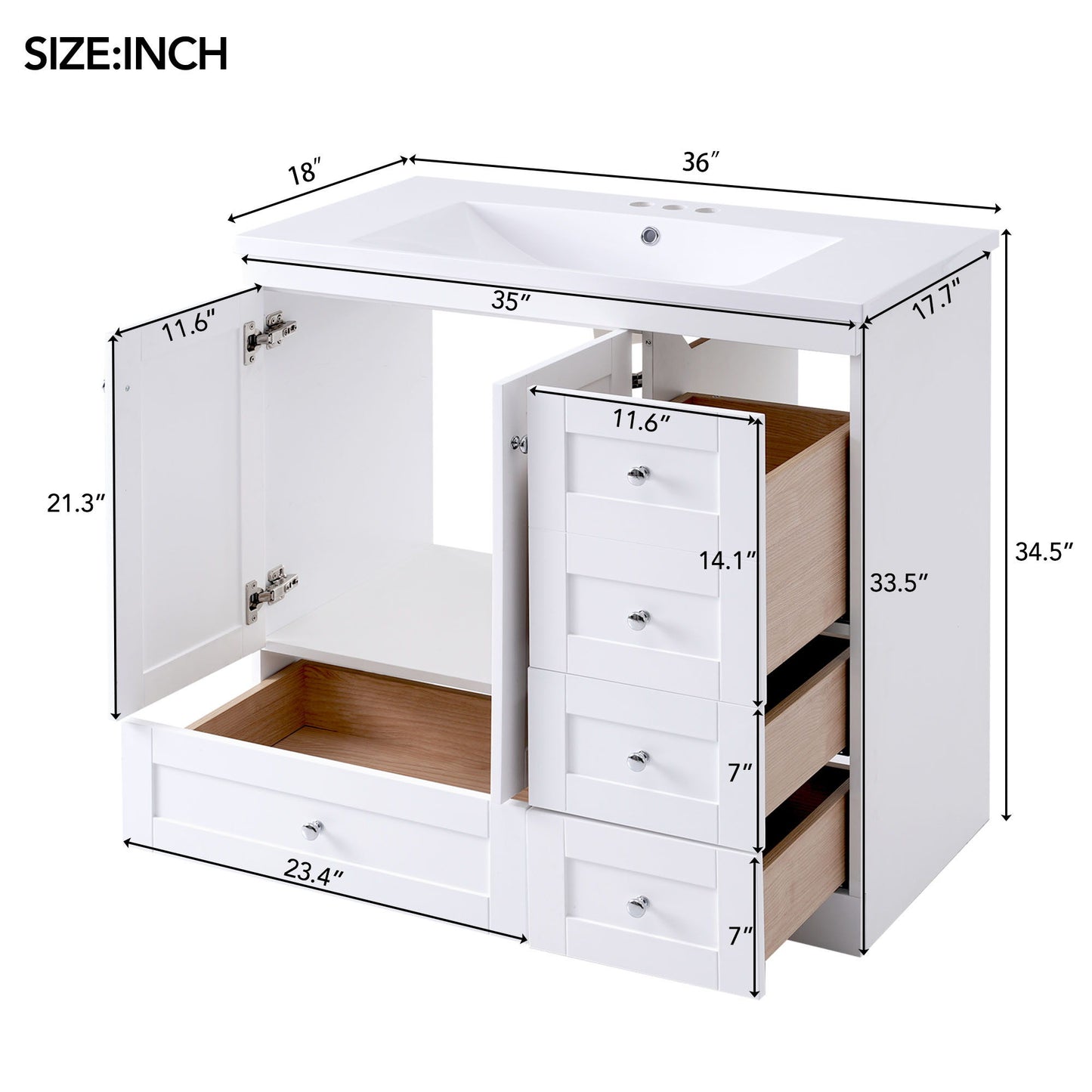 Shaker Free Standing Bathroom Vanity Cabinet With Sink, Soft Close Drawers And Doors - White