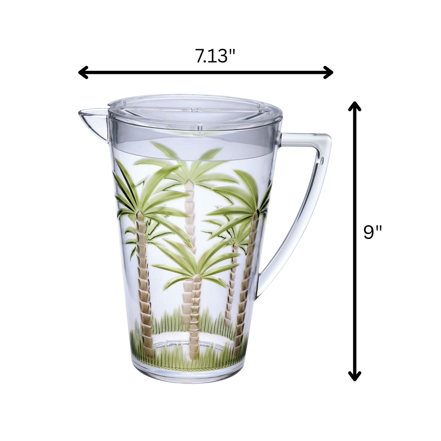 Unbreakable Plastic Water Pitcher With Lid, Palm Tree Design - Clear
