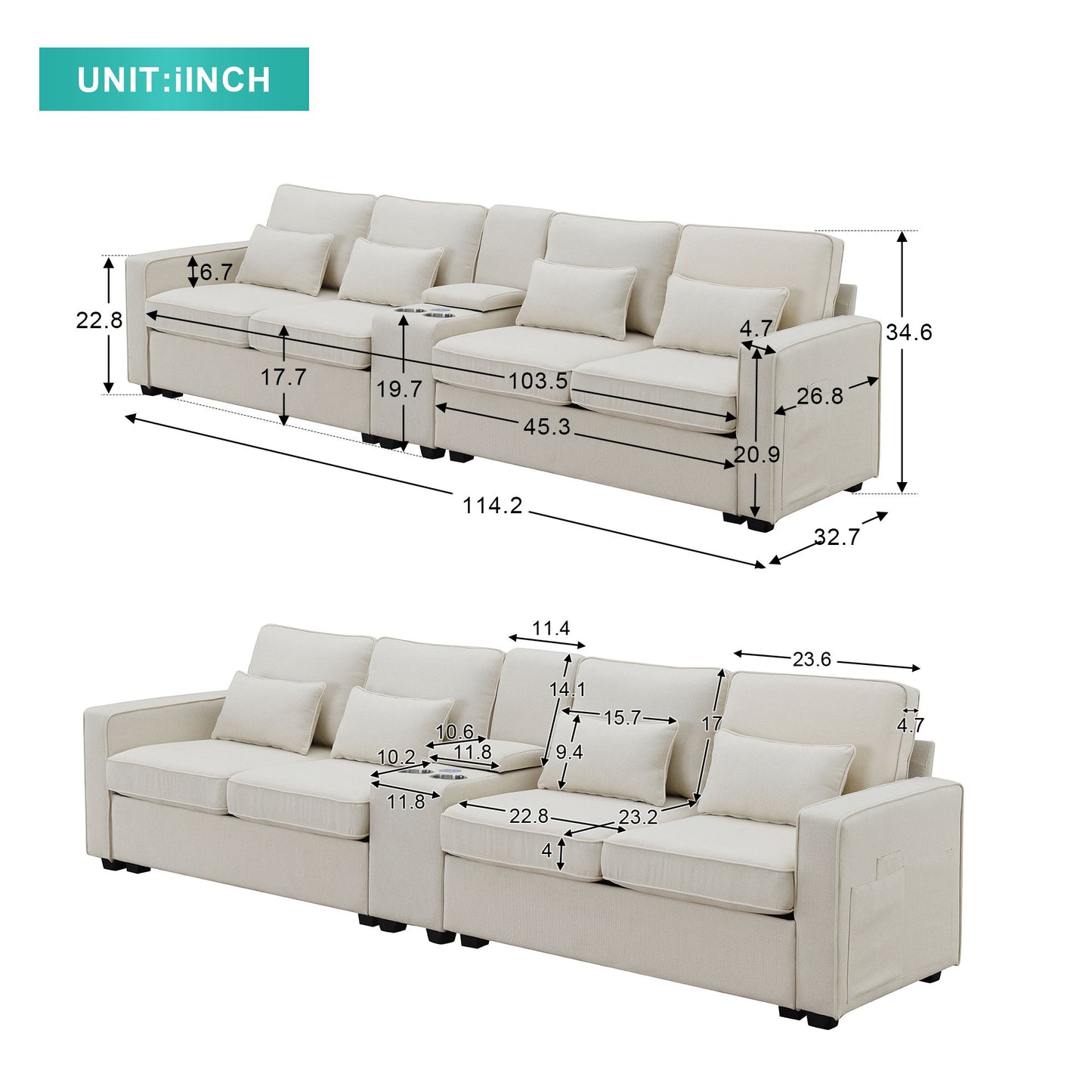 Upholstered Sofa With Console, 2 Cupholders And 2 USB Ports Wired Or Wirelessly Charged, Modern Fabric Couches With 4 Pillows For Living Room, Apartment (4-Seat)
