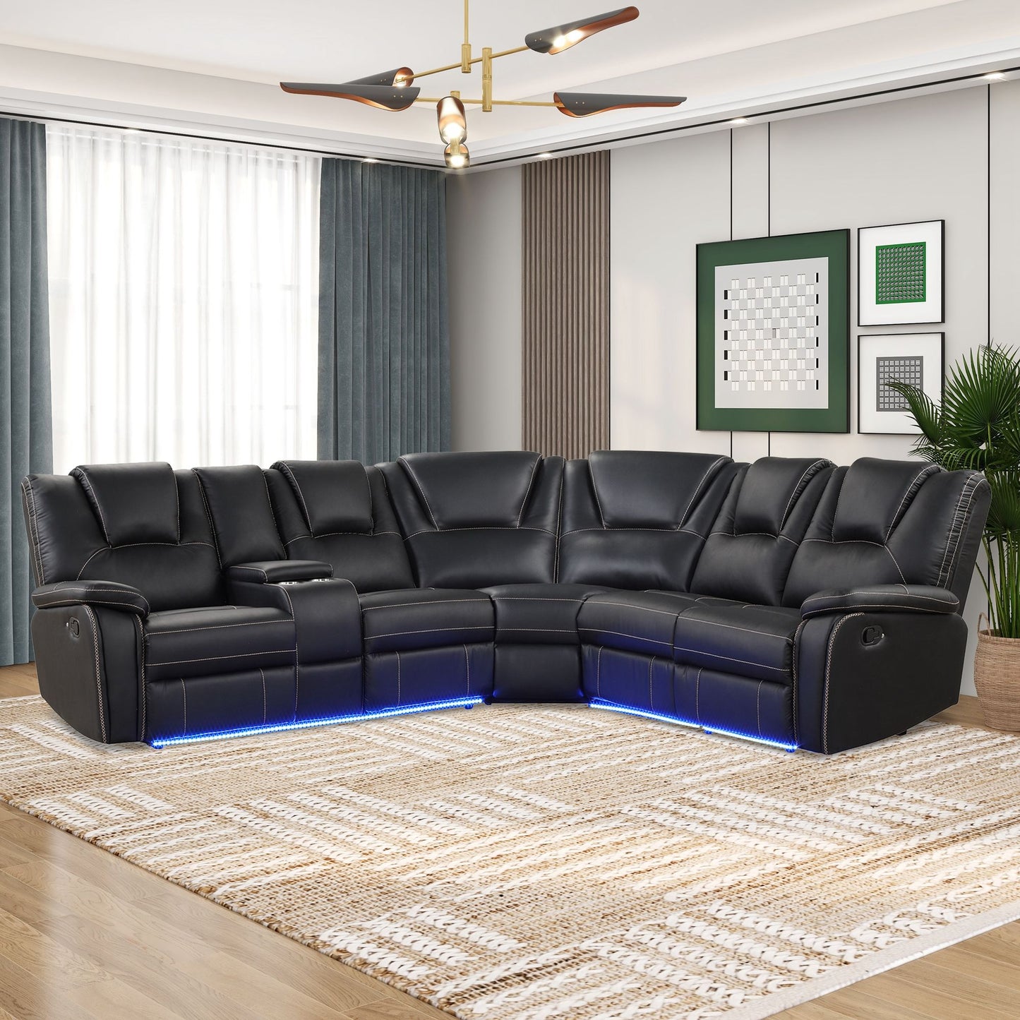 Modern Manual Reclining With Center Console With LED Light Strip, Living Room Furniture Set, Symmetrical Couch With 2 Cup Holders And Storage For Living Room