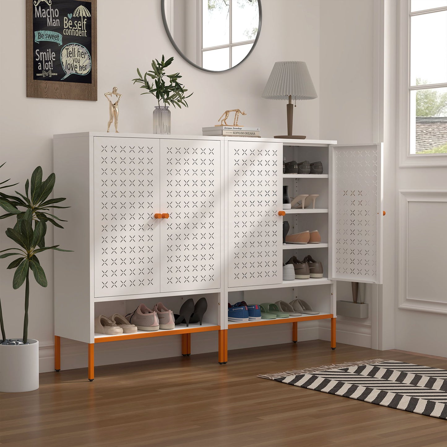 Grid Double Door Shoe Cabinet With Adjustable Compartments And Moisture-Proof Design In Metal