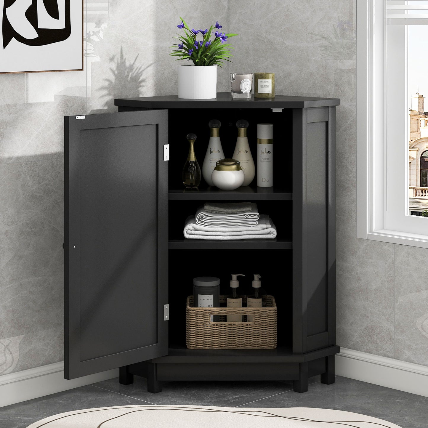 Bathroom Cabinet Triangle Corner Storage Cabinet With Adjustable Shelf Modern Style