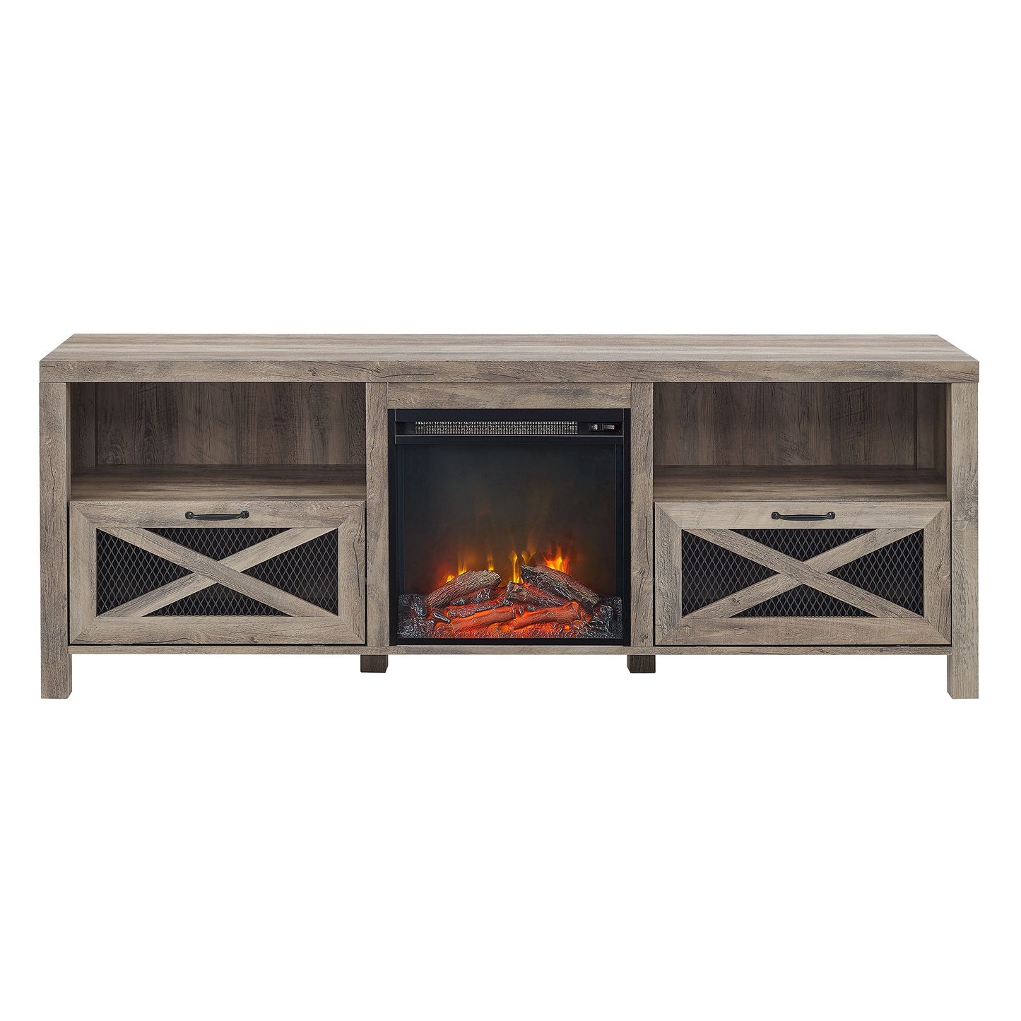 Industrial Farmhouse Metal Drop Down X Door Fireplace TV Stand