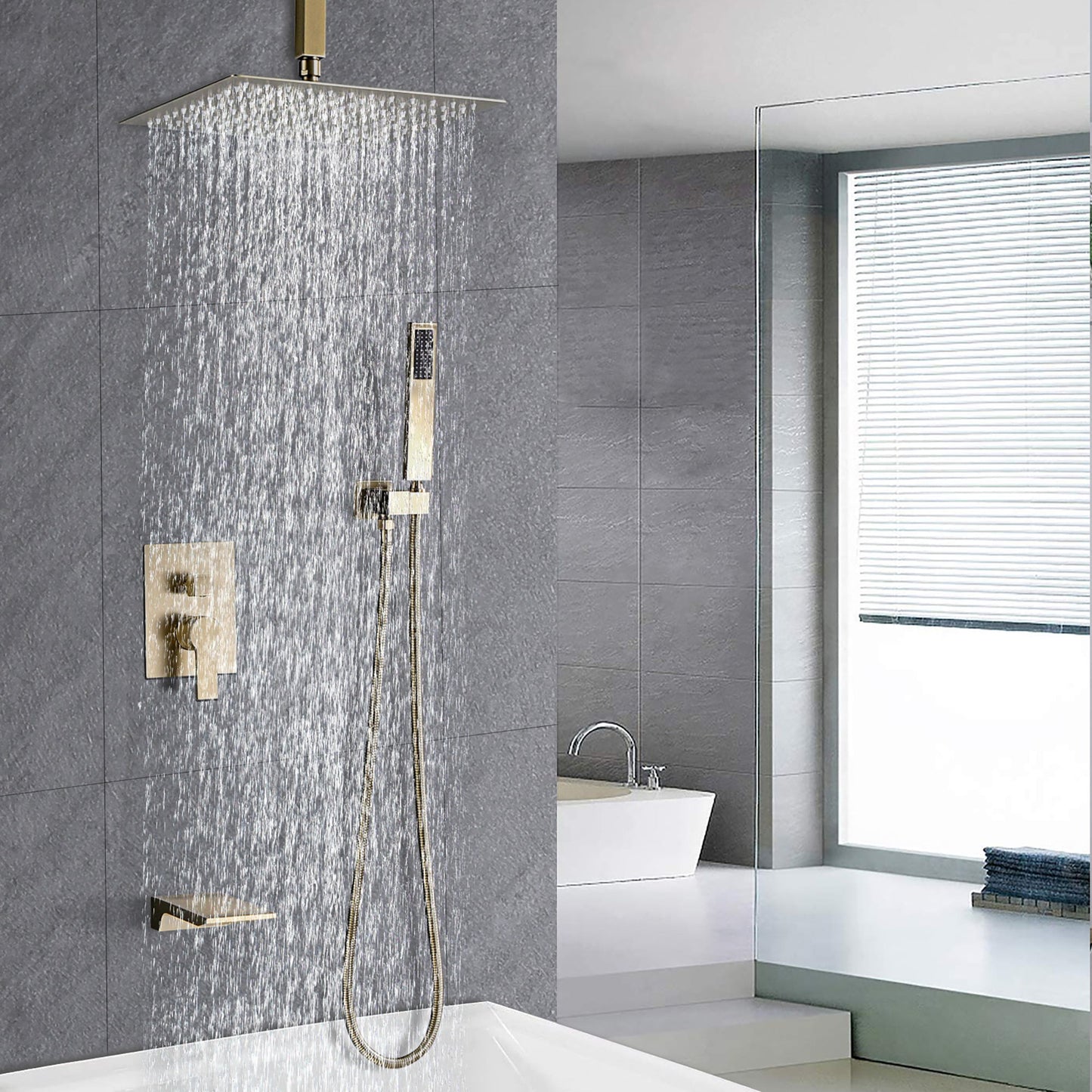 Contemporary Shower System With 12" Rainfall Head And Handheld Spray, Wall Mounted