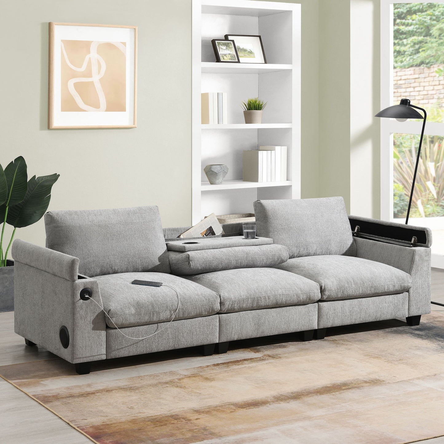 Sectional With tooth Speaker Comfy Cloud Couch Set With Drop Down Table Cup Holders, USB Charger Storage Armrest Wide Seat Sofa