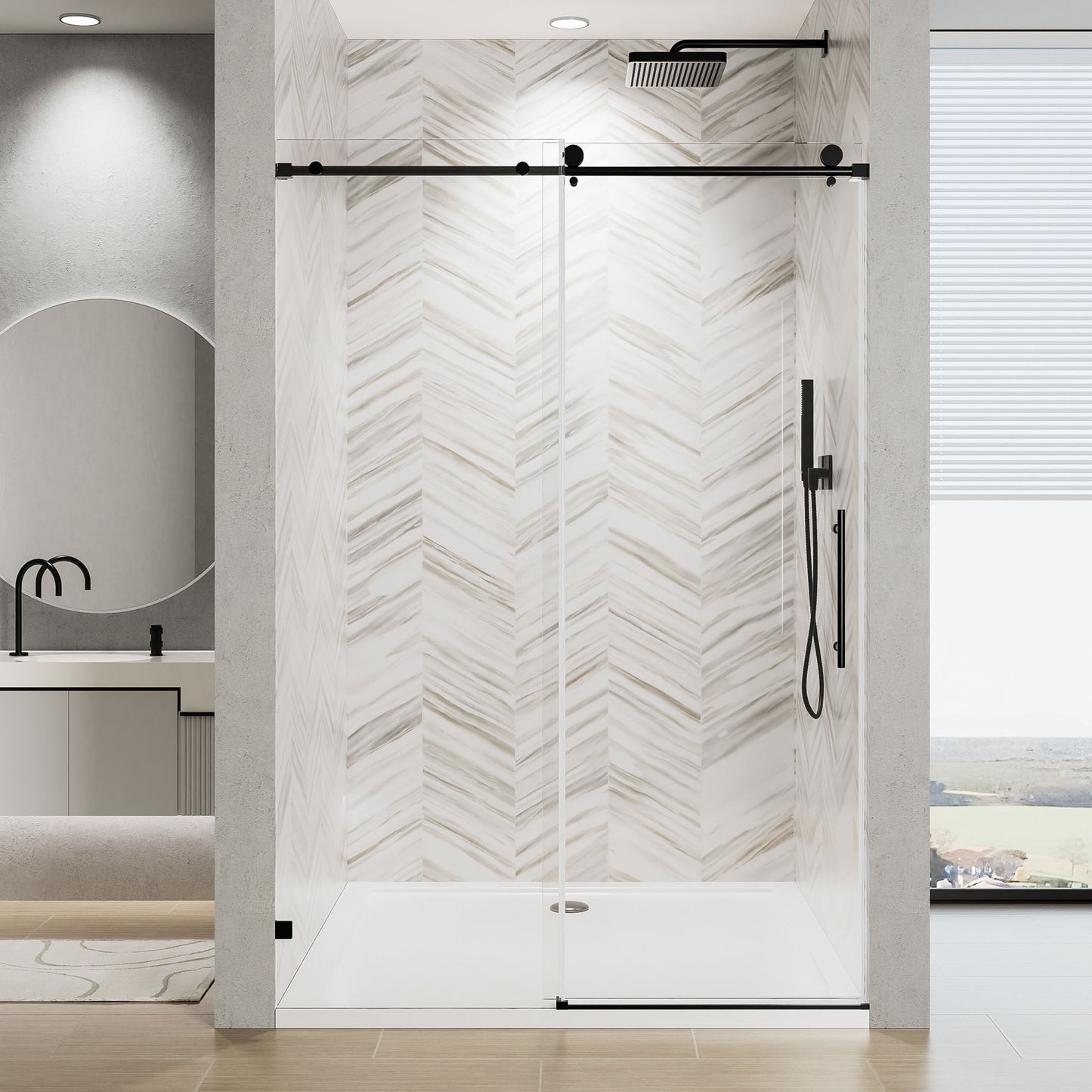 Frameless Single Sliding Soft Close Shower Door, 5 / 16" Clear Nano Coated Tempered Glass And 304 Stainless Steel Handle - Matte Black