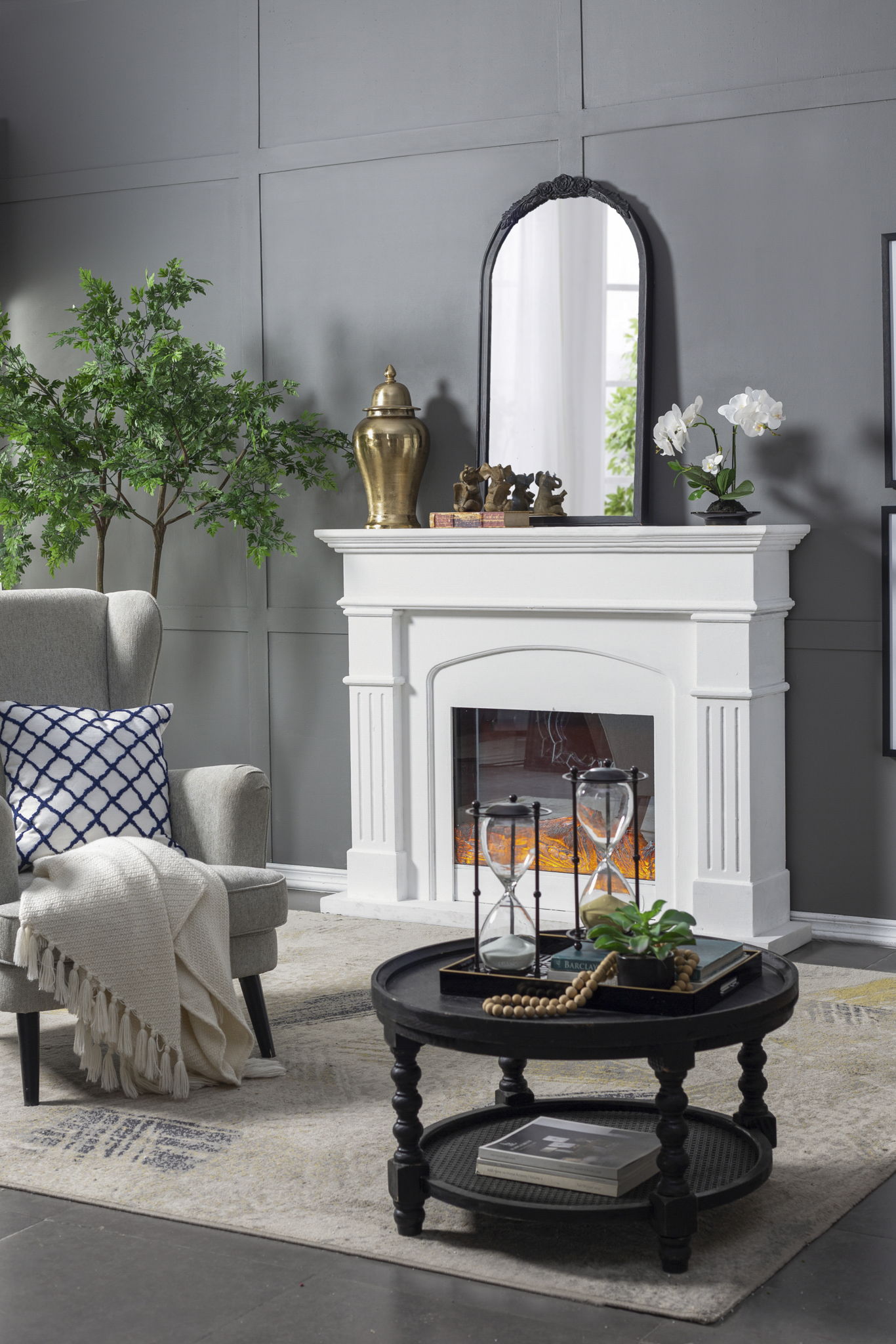 Hand Carved Rose Antique Mirror Frame, Wood Arch Mirror Wall Decor For Living Room