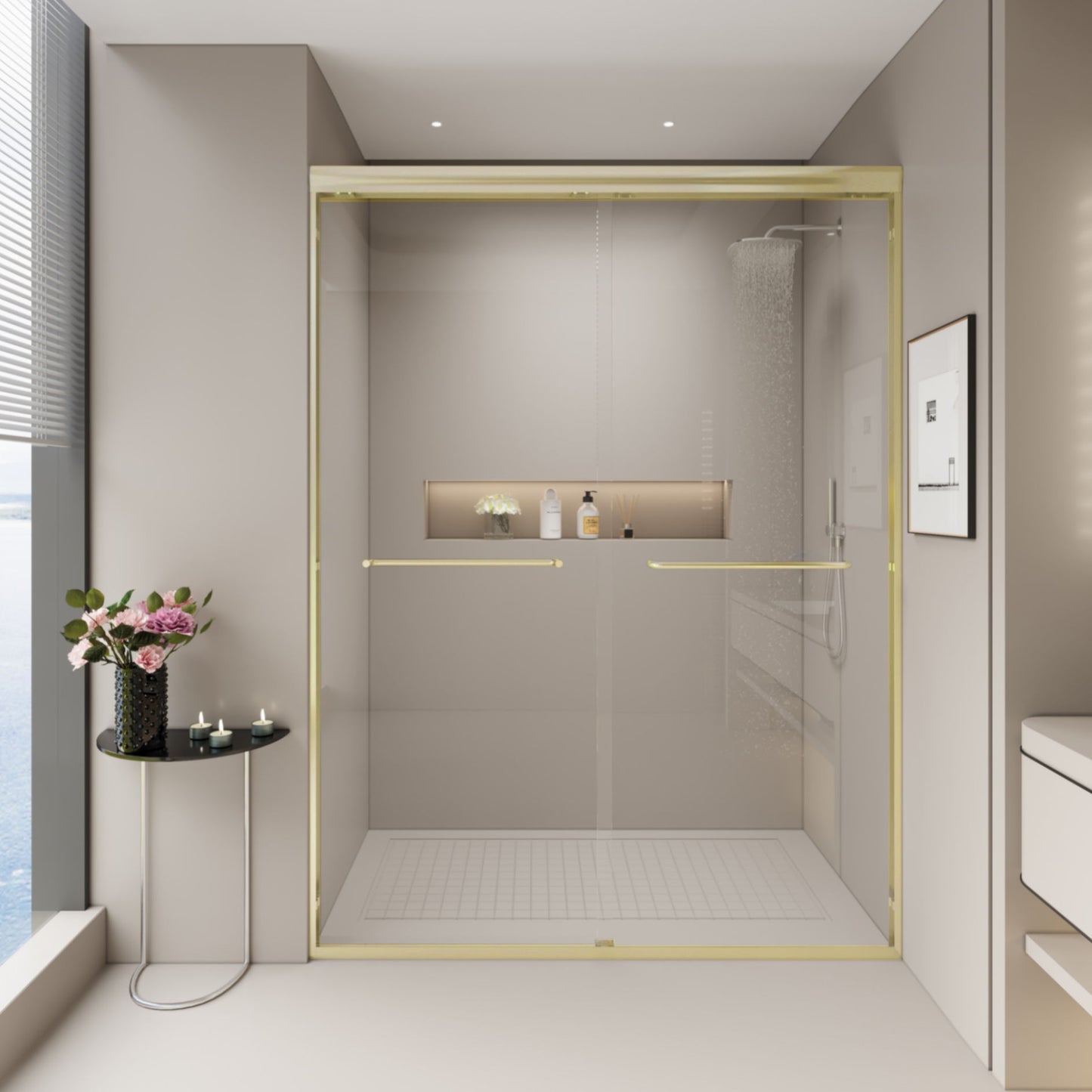Double Sliding Shower Door, Semi-Frameless Bypass Bathroom Sliding Door With 1/4" (6 Mm) Tempered Glass For Walk-In Shower