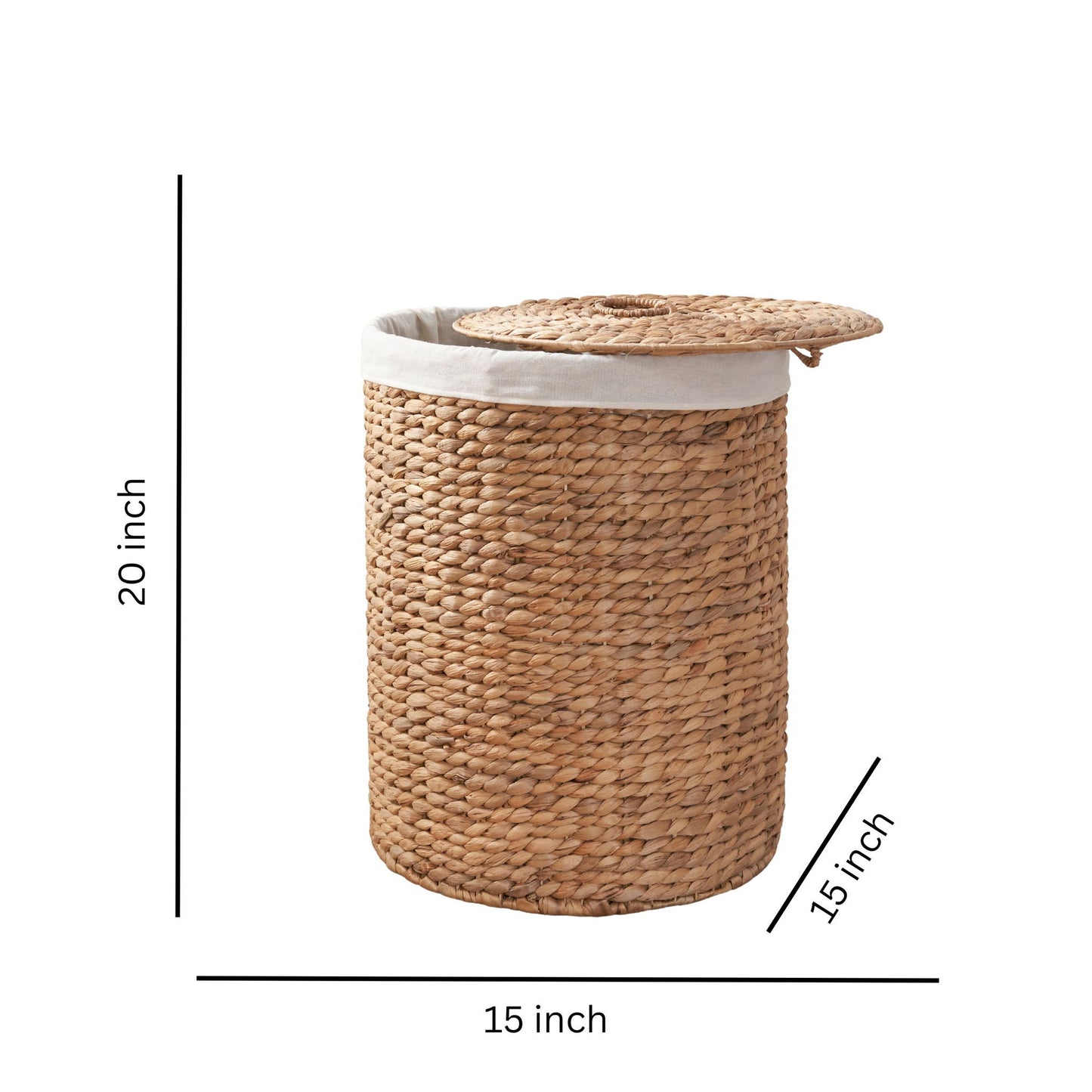 Round Tall Water Hyacinth Woven Wicker Laundry Hamper With Lid - For Clothes, Toys And Book Storage With Removable Liner - 15" X 15" X 20" - Natural Brown