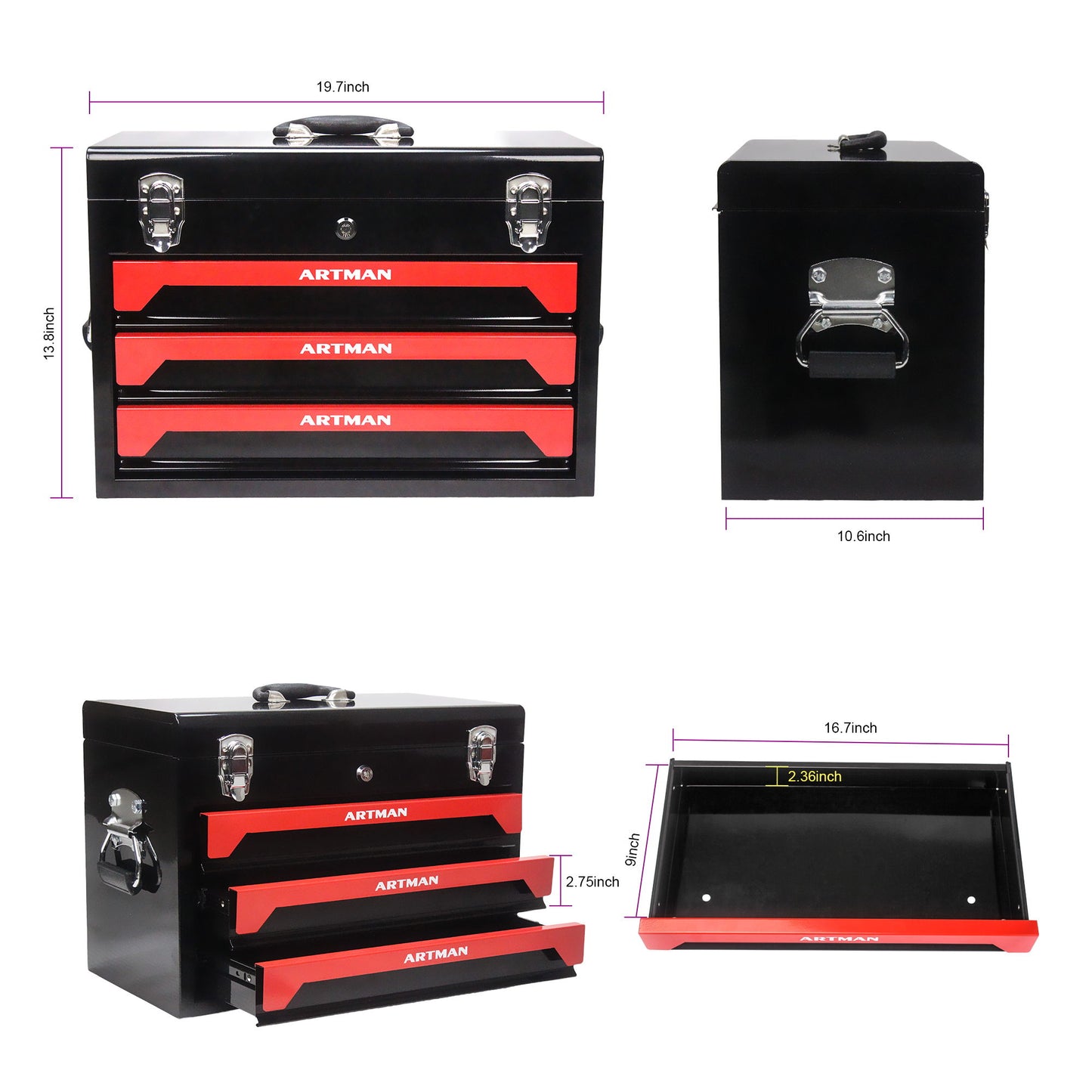 Portable 20" Steel Tool Box With 3 Drawers And Metal Latch Closure - Black / Red