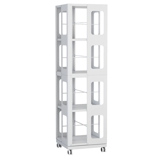 4 Tier All Steel Rotating Bookshelf With 360° Wheels, Large Size Sturdy & Spacious Book Rack, New Style Bookshelf - White