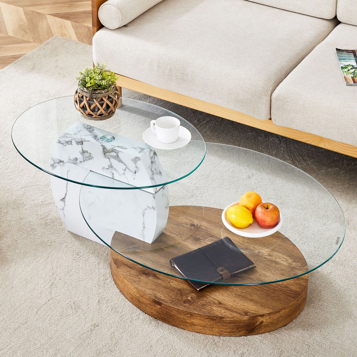 Contemporary Artistic Double Layer Coffee Table, Tempered Glass Top