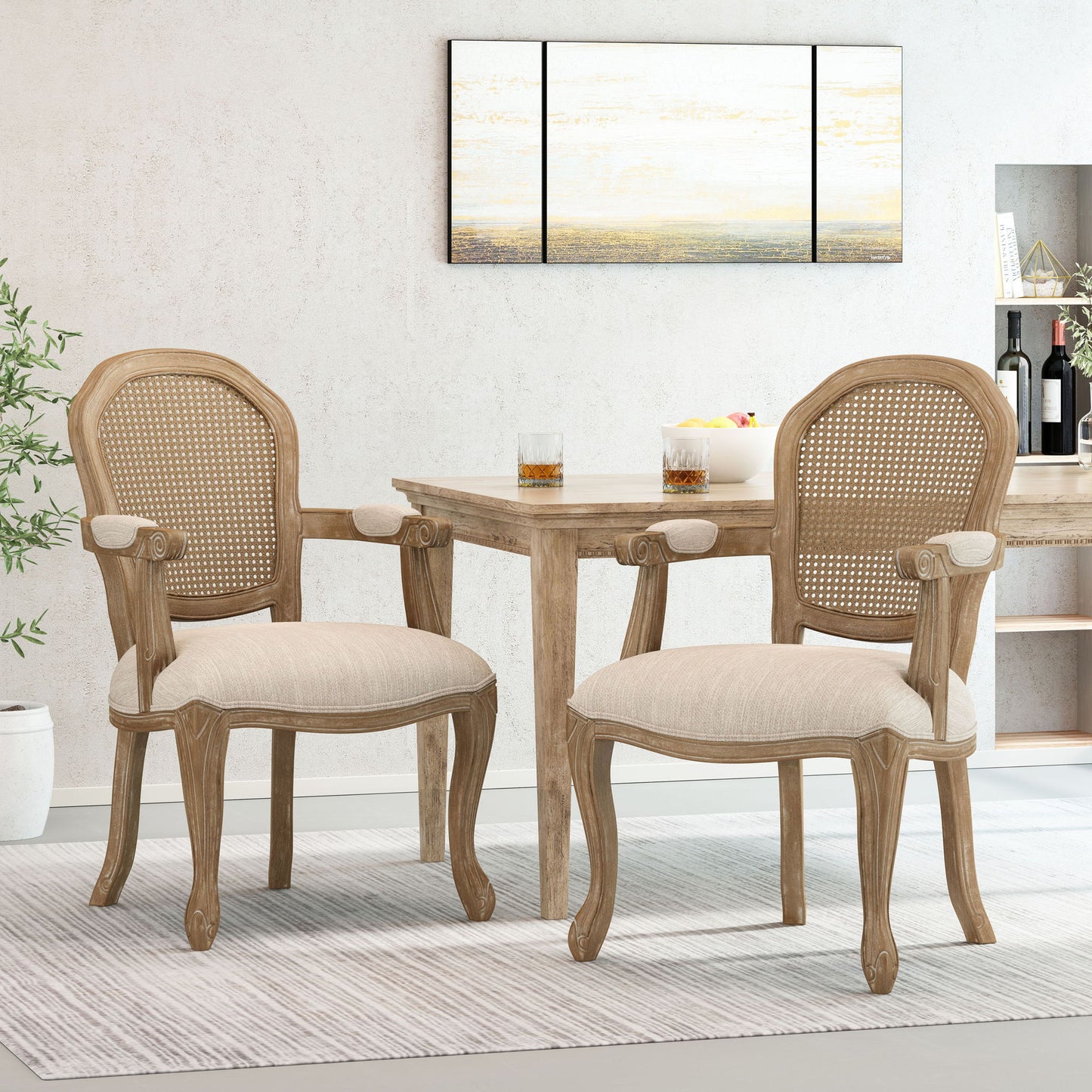 French Country Style Dining Chair Set With Cane Webbing Backrest - Beige