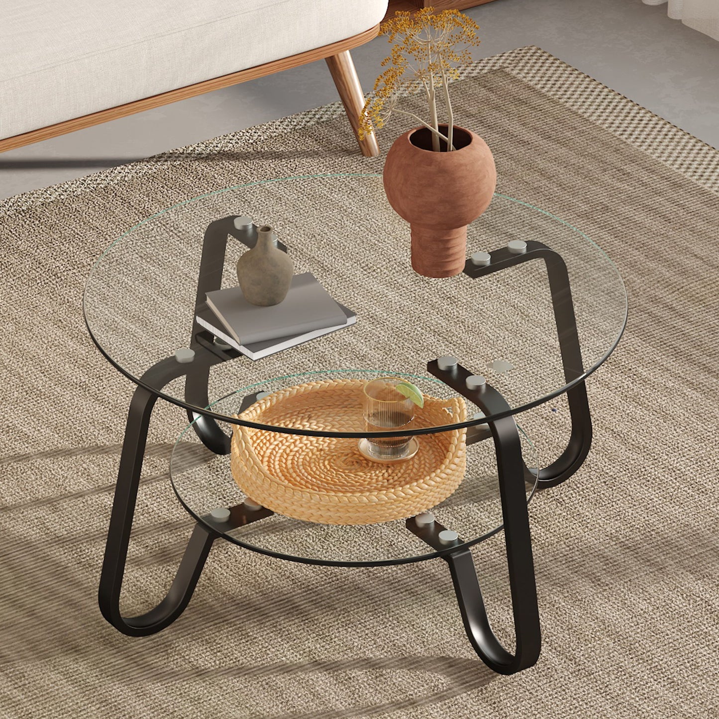 Retro Minimalist Style Metal Frame Double Layer Tempered Glass Coffee Table