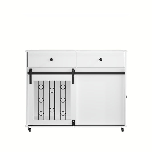 Dog Crate Furniture With Double Drawers And Sliding Barn Door, Pet Kennel For Small To Medium Dogs - White