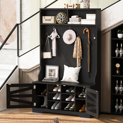 Entryway Bench With Coat Rack, 3 In 1 Design And Adjustable Shelves