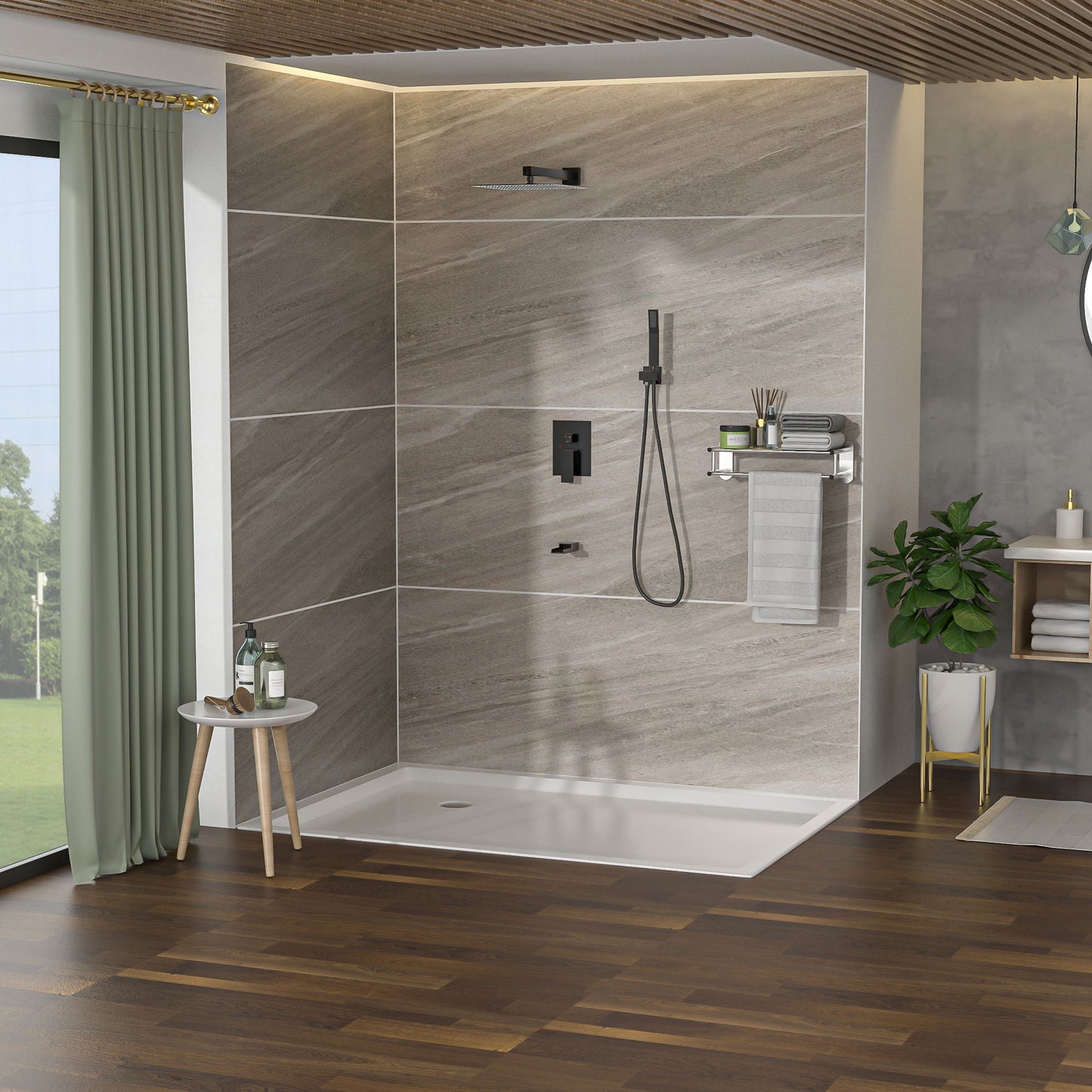 Wall Mounted Square Shower System With Waterfall Tub Spout And 12" Shower Head - Oil-Rubbed Bronze