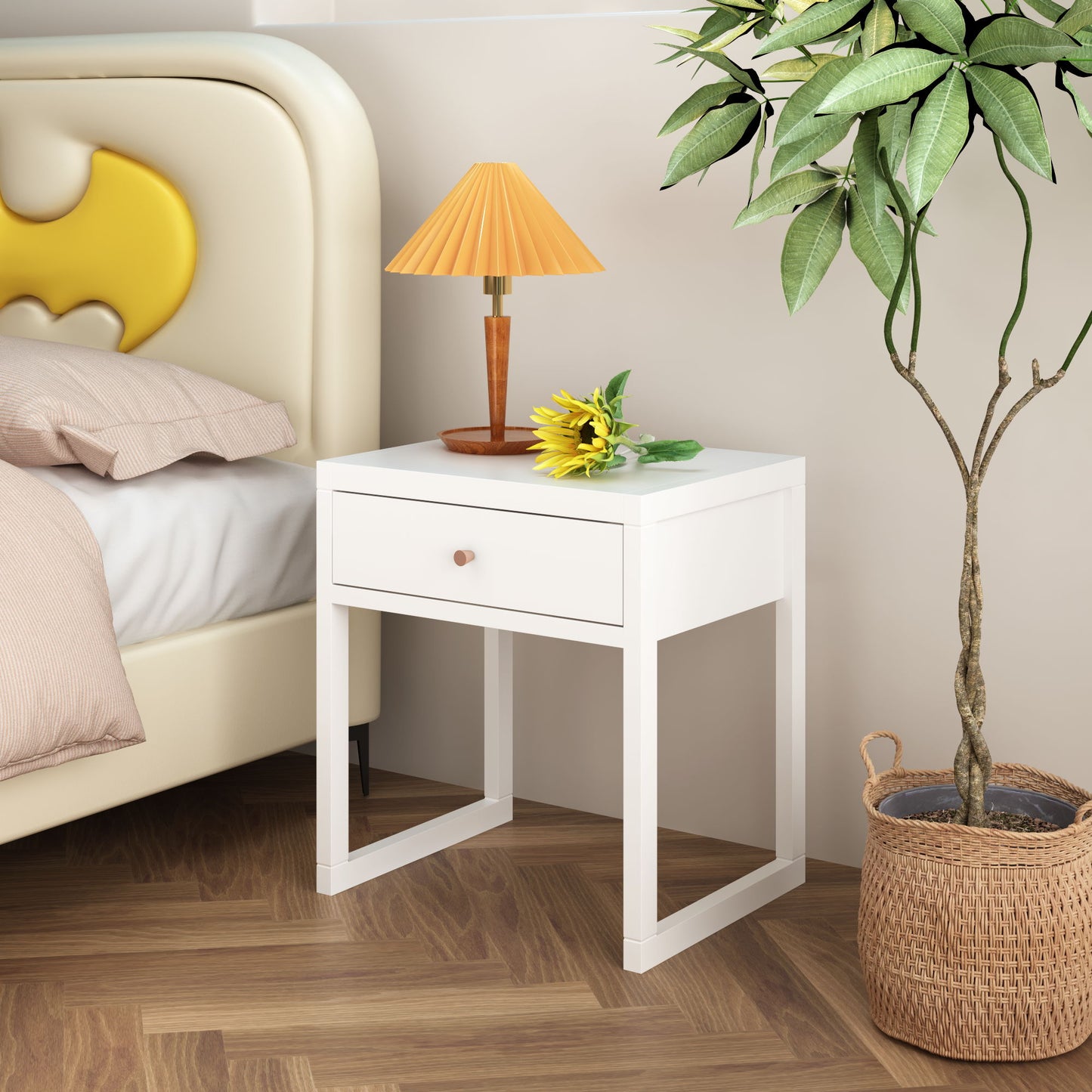 Nightstand With Drawer, Minimalist Bedside Table, Compact End Table For Bedroom - White