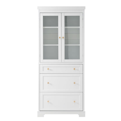Freestanding Tall Bathroom Cabinet With 2 Adjustable Shelves, 3 Drawers, Soft Close Glass Doors - White