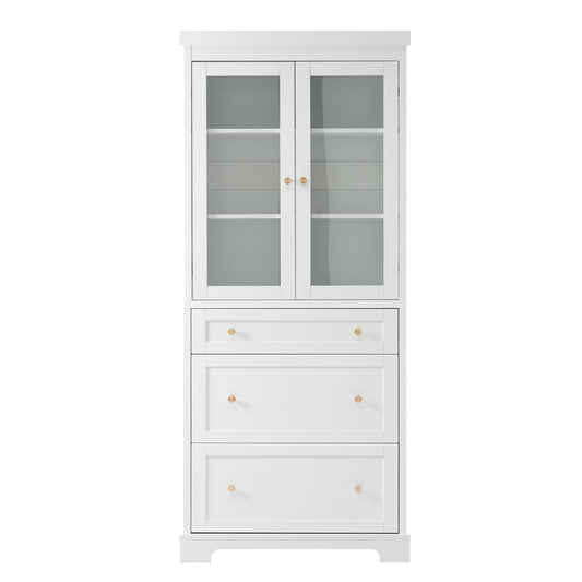 Freestanding Tall Bathroom Cabinet With 2 Adjustable Shelves, 3 Drawers, Soft Close Glass Doors - White