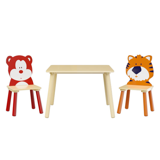 Table And 2 Chairs Set, Activity Play Table Set With Bear & Tiger Design - Natural