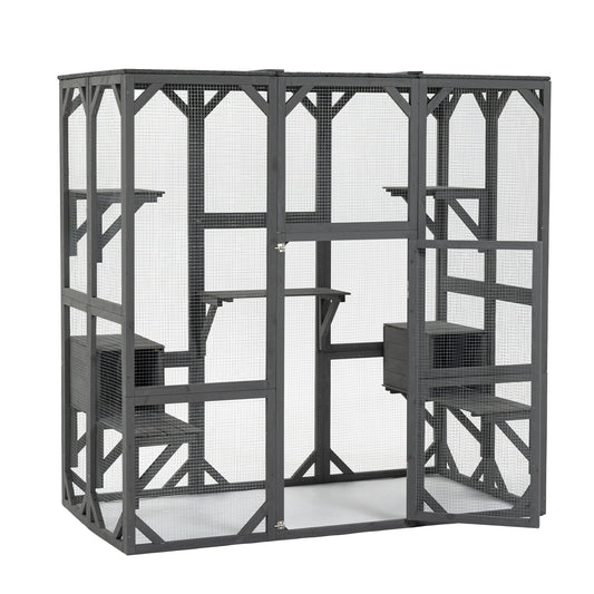 Outdoor Cat House Wooden Catio Enclosure With Cover - Large Cat Cage With Jump Platforms And Condos, Weatherproof - Gray