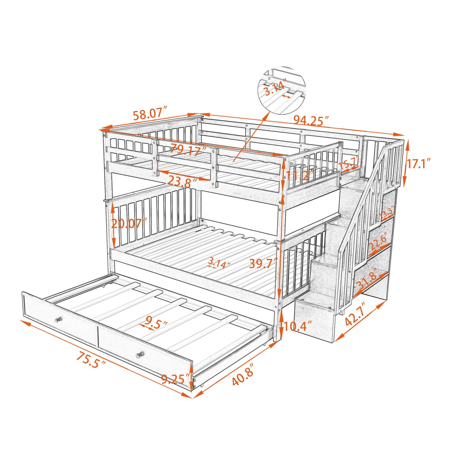 Stairway Bunk Bed With Storage And Guard Rail For Bedroom