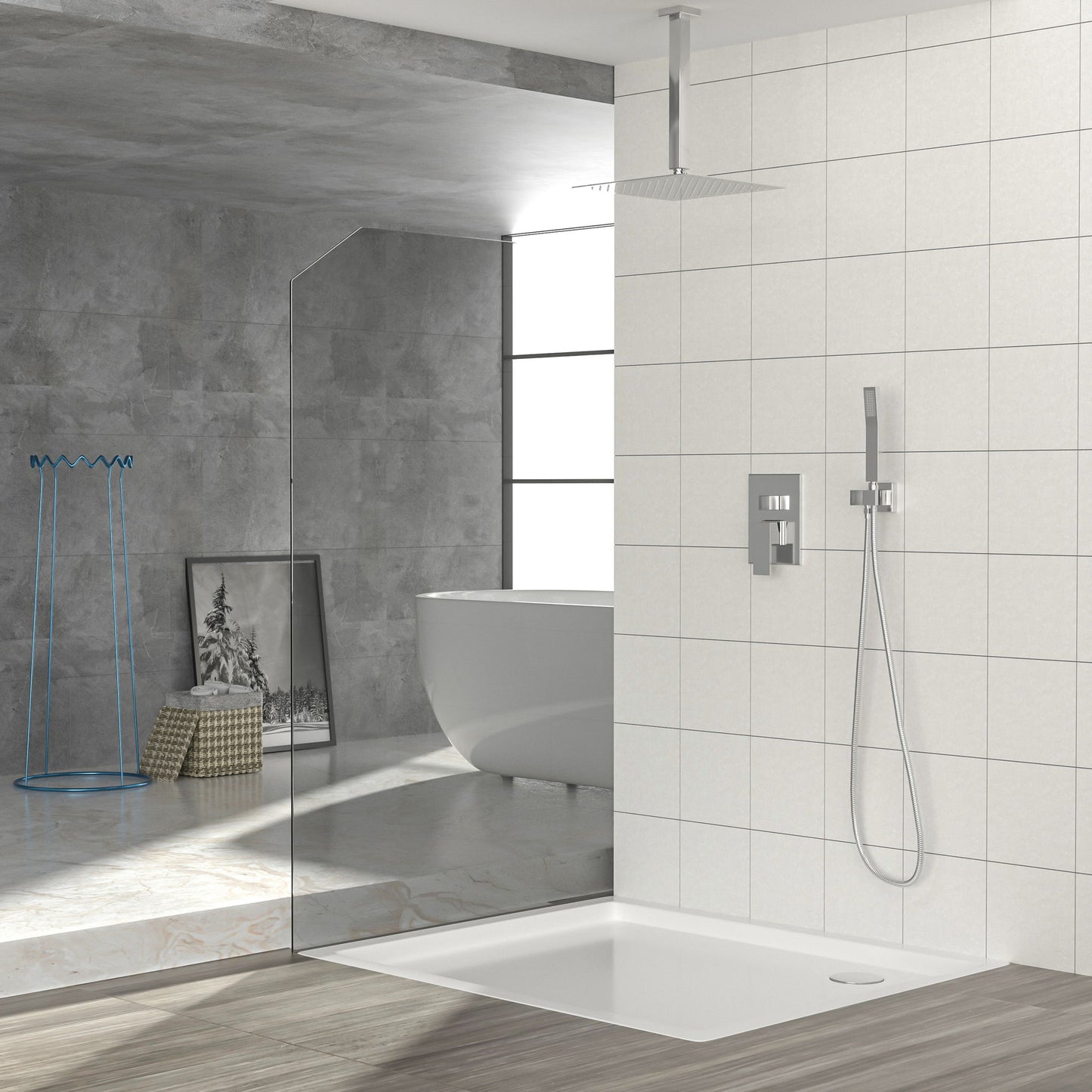 Dual Shower Head Ceiling Mount Square Rain Shower System With Adjustable Flow