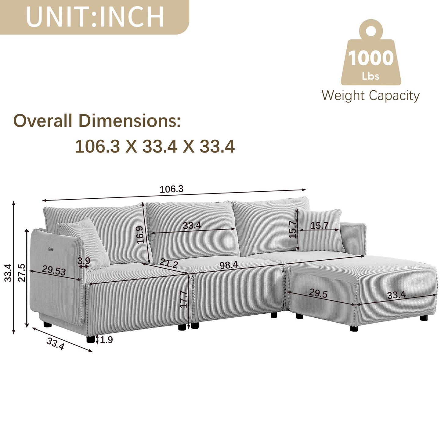 Modern Minimalist Combination Sofa With 2 Comfort Cushions With USB & C Charging Ports