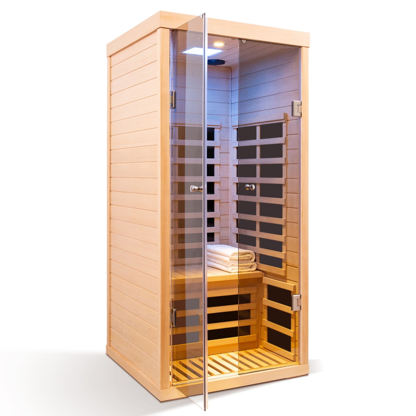 Low EMF, Wide Space Hemlock Double Doors Great Glass Luxury Indoor Far Infrared Sauna Room