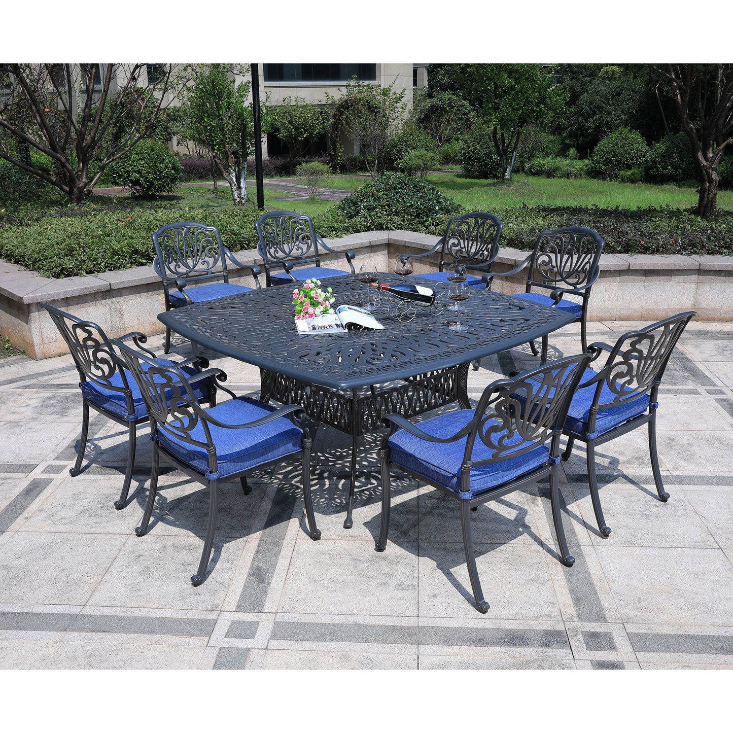 Square 8 Person 64" Long Aluminum Dining Set With Cushions