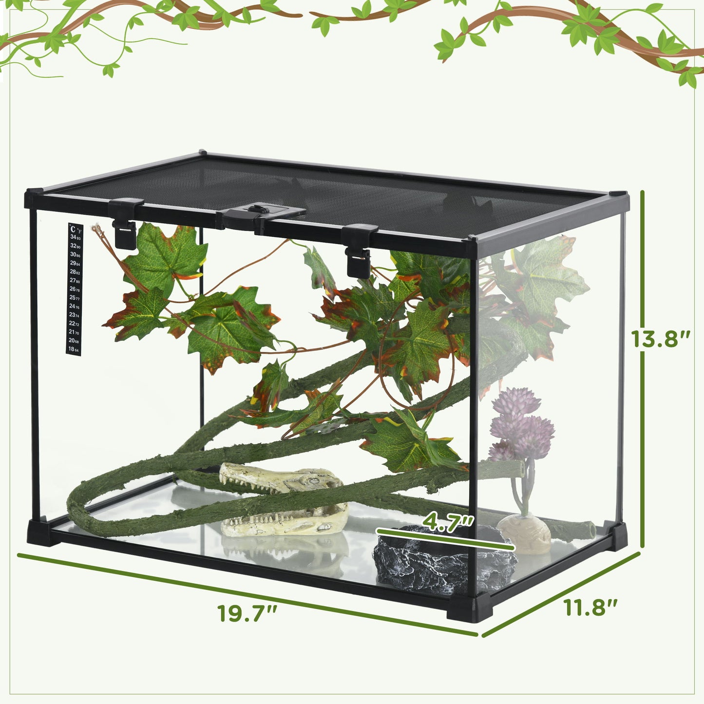Pawhut - 14 Gallon Reptile Glass Terrarium Tank With Decor Kit Breeding Box Full View With Visually Appealing Sliding Screen Top For Lizards Frogs Snakes Spiders - Black