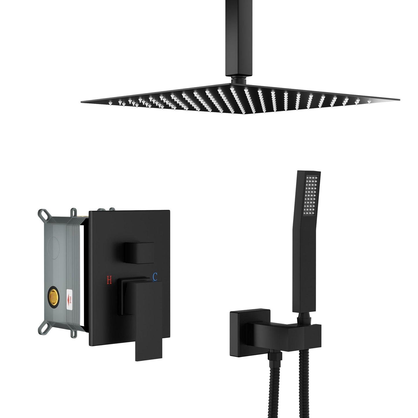 Dual Shower Head 10" Ceiling Mount Square Shower System With Rough In Valve - Matte Black