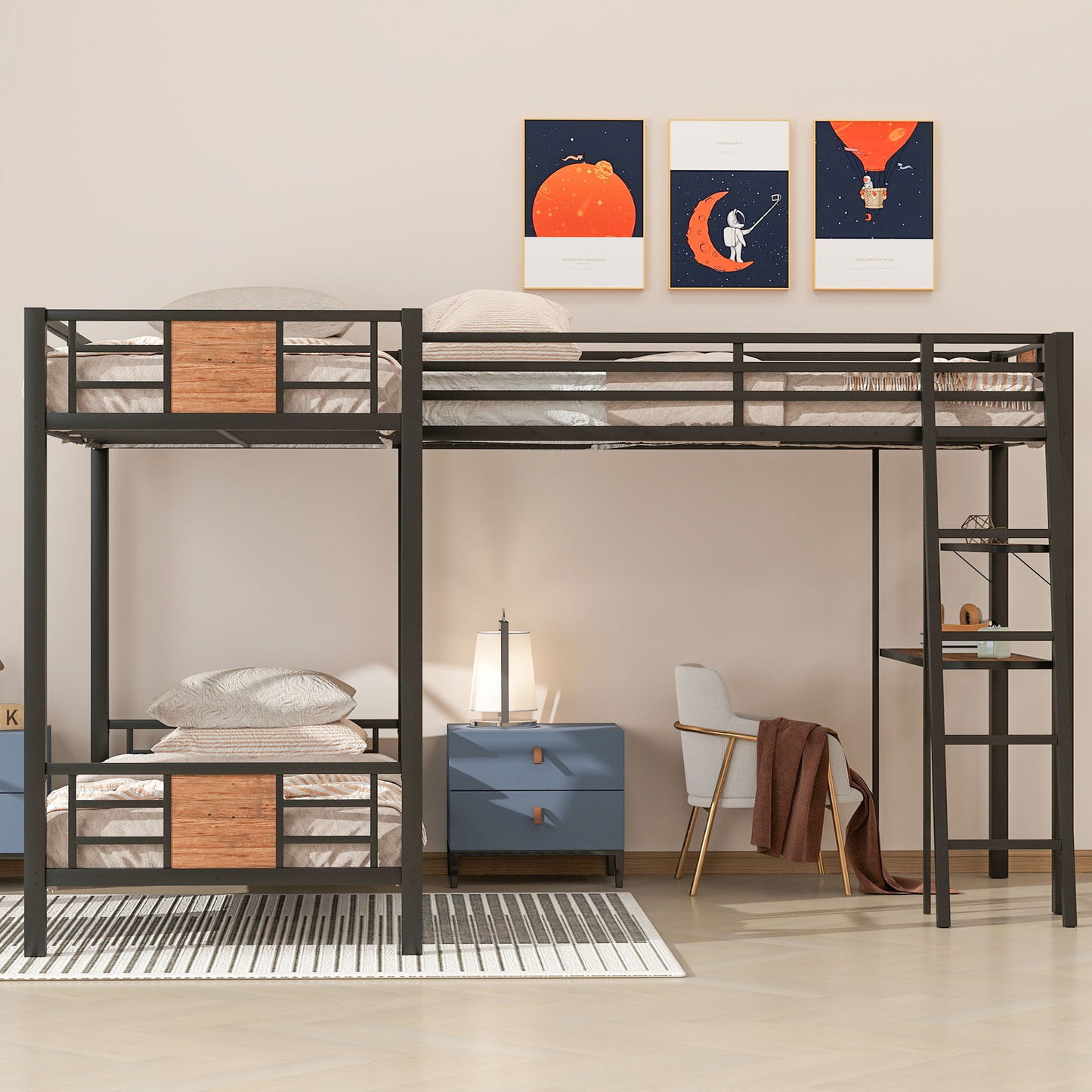 L-Shaped Twin Over Twin Bunk Bed With Twin Size Loft Bed With Desk And Shelf - Brown