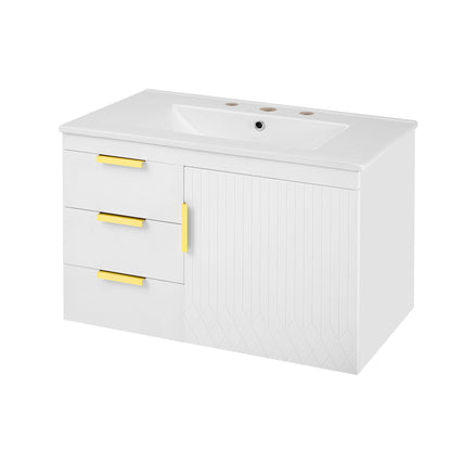 Modern Wall Mounted Bathroom Cabinet With Ceramic Sink, Soft-Closing Drawer And Door