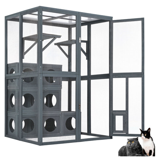 Outdoor Cat House With Shelves And Weather Protection, Removable Wood Boxes - Gray