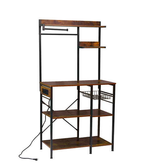 Bakers Rack With Power Outlet, Coffee Bar With S-Shaped Hooks, Kitchen Shelf With Wire Basket - Black / Brown