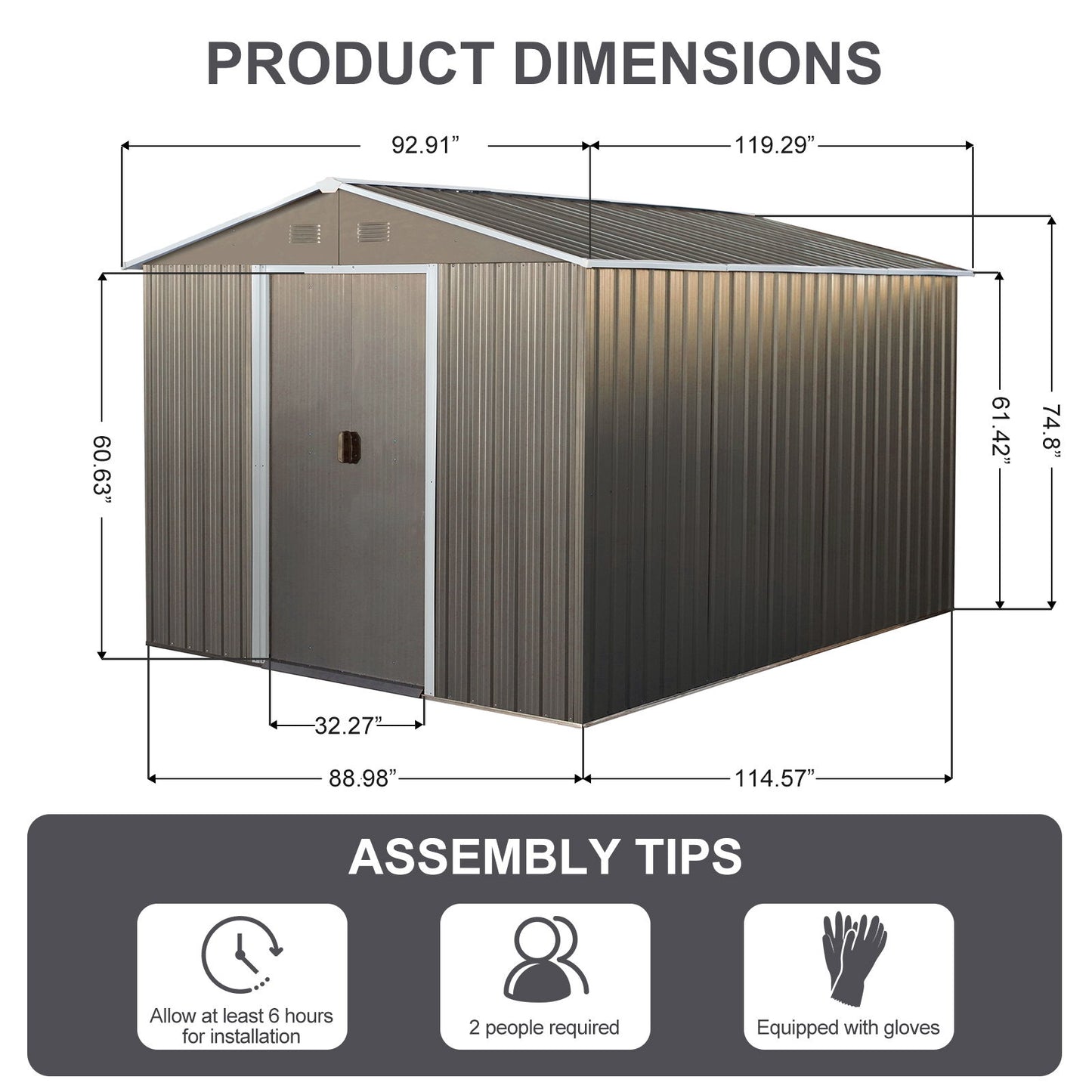 8X10Ft Outdoor Metal Storage Shed - Gray